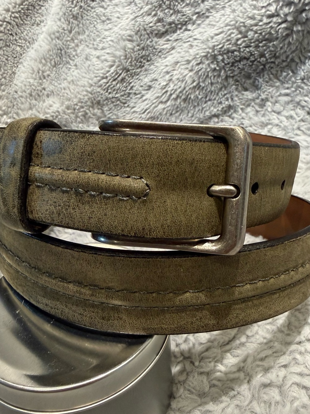 Allen Edmonds Men's Olive Green Leather Belt with Silver Buckle